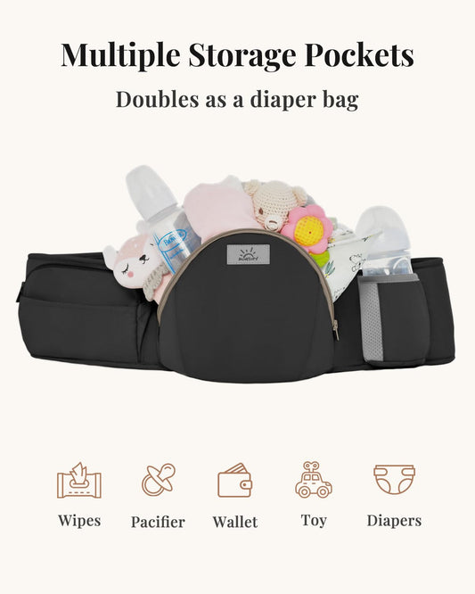 MOMTORY Carryall™ Pro Baby Carrier, Safety-Certified 6-in-1 Ultra Storage Baby Carrier Newborn to Toddler, Front & Back Baby Holder Carrier with Hip Seat, Pure Black