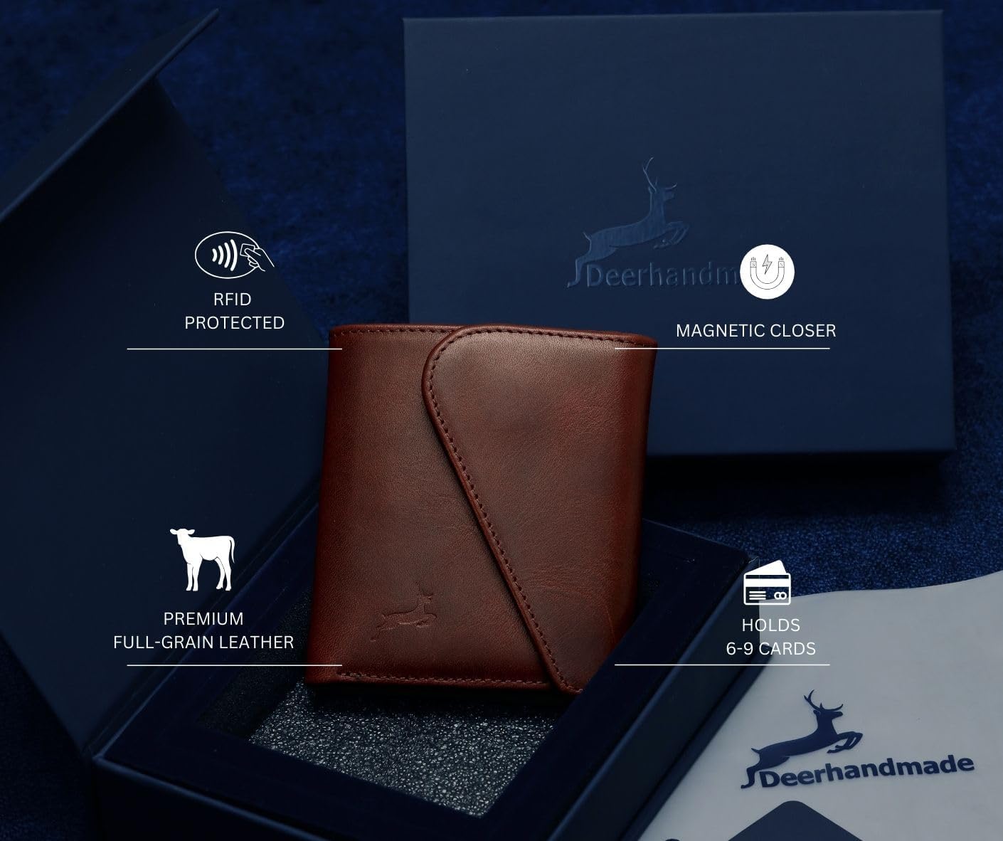 Leather RFID Wallet for Men, Slim Leather Mens Wallet, Handcraft Men's Wallets, Card Cases & Money Organizers, Magnetic Closure Sleek RFID Blocking Thin Mens Wallets with 9-12 Card Slots & Gift Box - Roamly