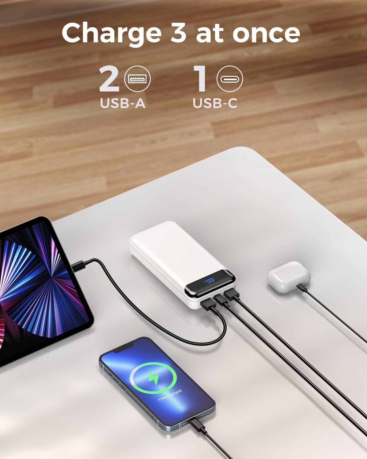 Portable Charger Power Bank 40000mAh Powerbank PD 30W and QC 4.0 Fast Charging External Battery Pack with USB-C LED 3 Outputs & 2 Inputs Portable Charging for iPhone 15 14 13 (White) - Roamly