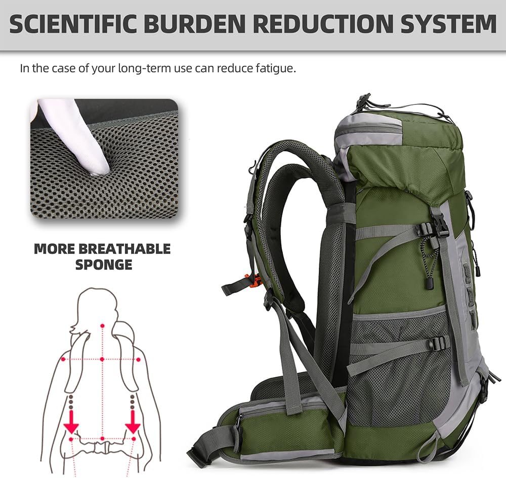 King'sGuard 60L Hiking Backpack Large Waterproof Camping Backpack for Men and Women Lightweight Frameless Backpacking Backpack with Rain Cover (Army Green) - Roamly