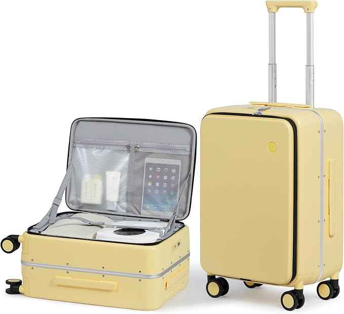 mixi 20 Inch Carry On Luggage 22x14x9 Airline Approved PC Hard Shell Suitcase Top Opening Aluminum Frame Travel Suitcases with Wheels, Lark Yellow