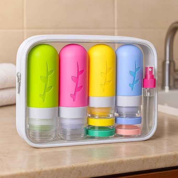 TSA Approved Travel Bottles Set – 18 Piece Leak-Proof Silicone Toiletry Kit with Clear Bag, Refillable Bottles, Jars, Spray Bottle & Accessories for Shampoo, Lotion and Body Wash