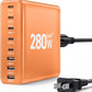 280W USB C Charger Block, 8-Port USB C Charging Station GaN III PD 65W Laptop Charger Adapter Compatible with MacBookPro/Air,DELL,iPad,Portable Charging Station for iPhone,Samsung Galaxy(Orange)