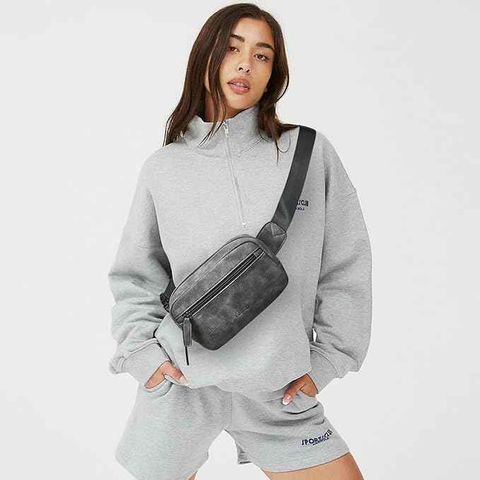 2L Fanny Packs Everywhere Belt Bag Small Fashion Crossbody Waist Pack Faux Leather Waterproof Sling Chest Bag For Women Trendy Grey