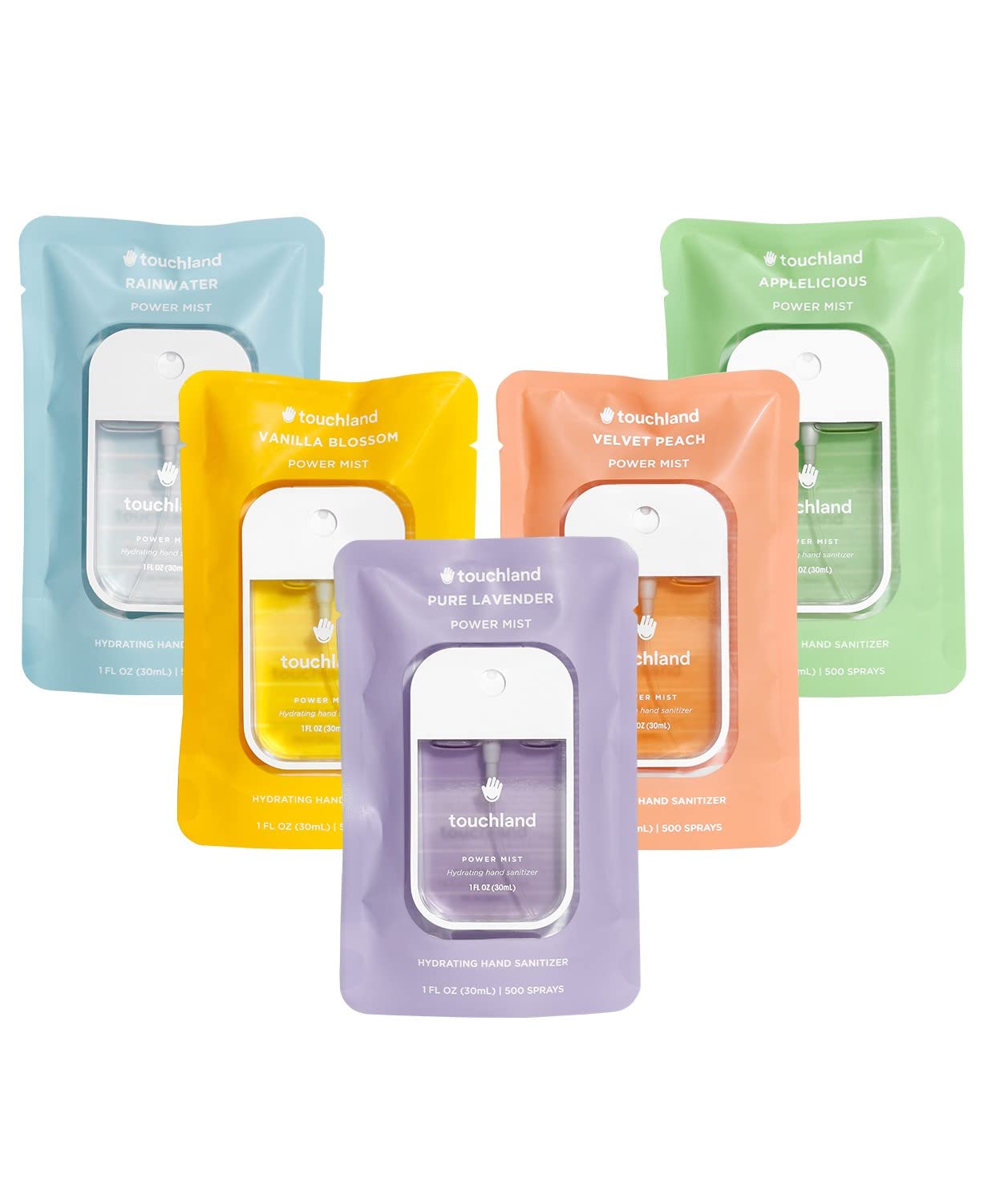 Touchland Power Mist Hydrating Hand Sanitizer Spray, BLOSSOM 5 Set (Lavender, Vanilla, Rainwater, Peach, Applelicious), 1 FL. OZ. Travel Size (Set of 5)