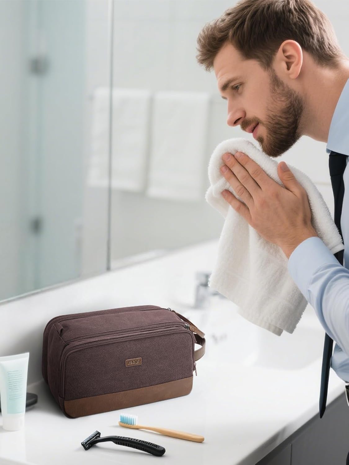 WANDF Toiletry Bag for Men Travel Toiletry Organizer Canvas and Leather Dopp Kit Water-Resistant Shaving Bag for Travel Accessories (Brown, Large) - Roamly