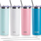 koodee 20 oz Stainless Steel Skinny Tumblers (4 Pack) Double Wall Insulated Water Tumbler Cup with Straw, Lids and Straw Brushes (Baby blue/White/Pink/Sky Blue)
