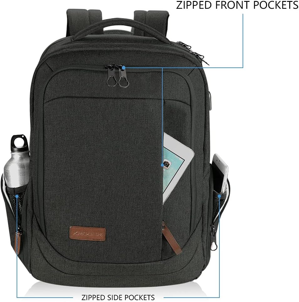 KROSER Laptop Backpack Large Computer Backpack Fits up to 17.3 Inch Laptop with USB Charging Port Water-Repellent Travel Backpack Casual Daypack for Business/College/Women/Men-Charcoal Black - Roamly