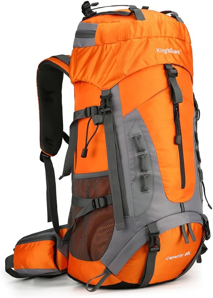King'sGuard 60L Hiking Backpack Large Waterproof Camping Backpack for Men and Women Lightweight Frameless Backpacking Backpack with Rain Cover (Orange) - Roamly