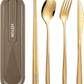 INKULEERTravel cutlery set, 18/8 stainless steel cutlery, Reusable utensils set with case, Portable Silverware Lunch Box for Camping and Office (Rose gold)