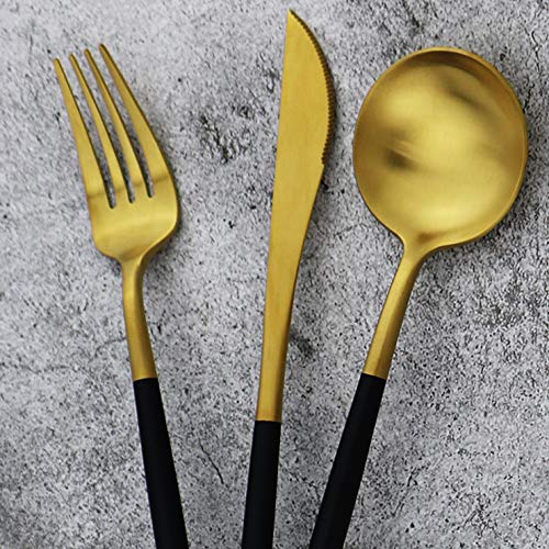 20-Piece 18/10 Stainless Steel Flatware Silverware, Luxury Dinnerware Set Travel Cutlery Tableware Include Knife Fork Spoon Service for 4, Dishwasher Safe (Black Handle Matte Gold) (4 Count)
