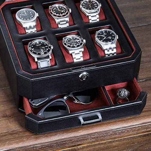 6 Slot Leather Watch Box with Valet Drawer