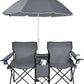 Goplus Double Camping Chair with Umbrella, Folding Loveseat Chairs w/Canopy Shade, Carrying Bag, Table, Cup Holder, Portable Beach Chairs Outdoor Picnic Patio (Grey)