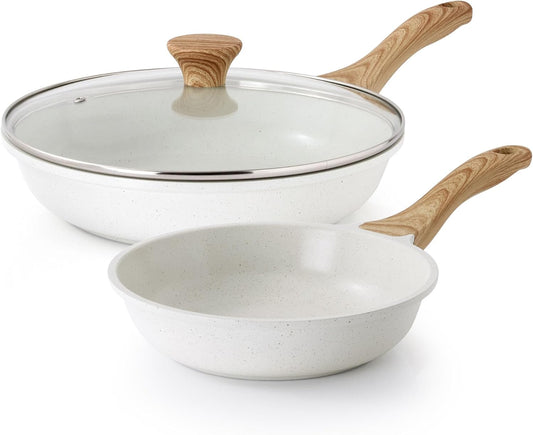 SENSARTE Nonstick Frying Pan Skillets, White Ceramic Coating Omelette Pans, Healthy Cookware Chef's Pan, Free of PTFE & PFAS (8+11Inch with Lid)