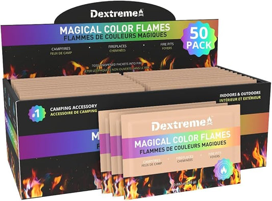 Dextreme Fire Color Changing Packets - Fire Color Packets, Color Changer for Campfires, Fire Pits, and Fireplaces, Longer Lasting Burn Time, Safe and Non-Toxic (50 Pack)