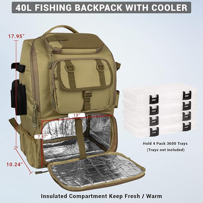 Fishing Backpack with Rod Holders,40L Large Water-resistant Fishing Tackle Bag with Cooler,Tackle Box Backpack