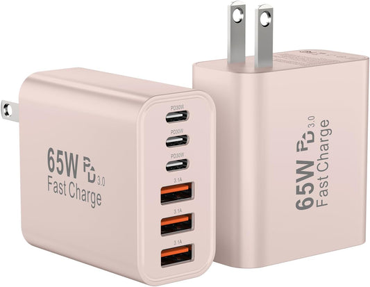 USB C Charger Block, 65W USBC Wall Charging Blocks 6-Port PD & QC Power Adapter Multiport Type C Fast Chargers Plug Cube Brick for iPhone 16/15/14/13/12/Pro Max,iPad Pro,Samsung Galaxy S25 Black