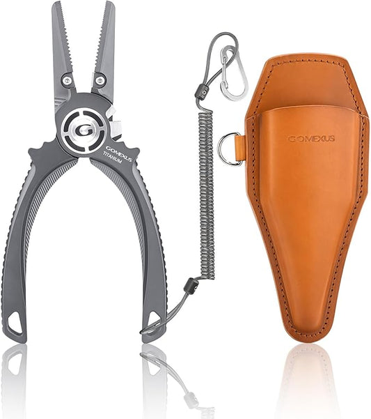 GOMEXUS Titanium Fishing Pliers 7.5'' with Side Cutters, Lanyard & Leather Sheath, Never Rust Hook Remover, Saltwater Resistant, Inshore & Nearshore Fishing (Offshore Straight Nose, 7.5 INCHES)