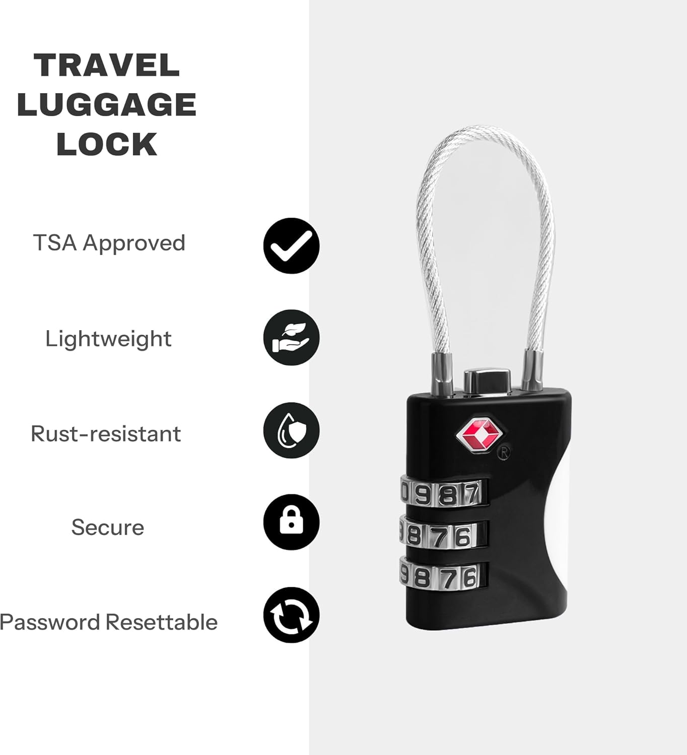 TSA Approved Luggage Locks - Small Combo Travel Padlock with Cable, TSA 007 Suitcase & Backpack Security, Durable & Easy to Use (Black+Silver)