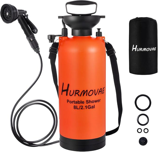 2.1 Gallon (8L) Portable Shower, 10 Spray Modes Pressurized Beach Shower with Nylon Insulated Sleeve, Camping Shower for Travel & Sand Rinse, Surf Shower, Portable Water Sprayer, Orange