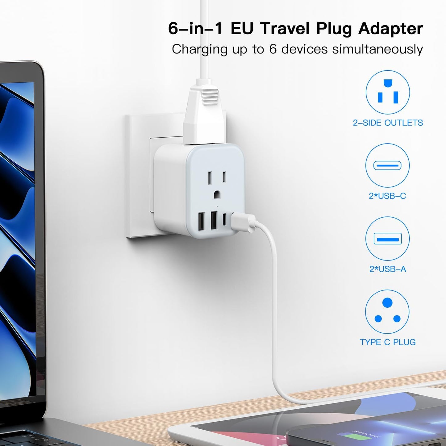 US to India Travel Plug Adapter, Foldable India Power Adapter with 4 USB(2 USB C Port) and 2 AC Outlets Charger, Type D Adaptor for US to India Bangladesh Maldives Pakistan Sri Lanka(1 Pack)