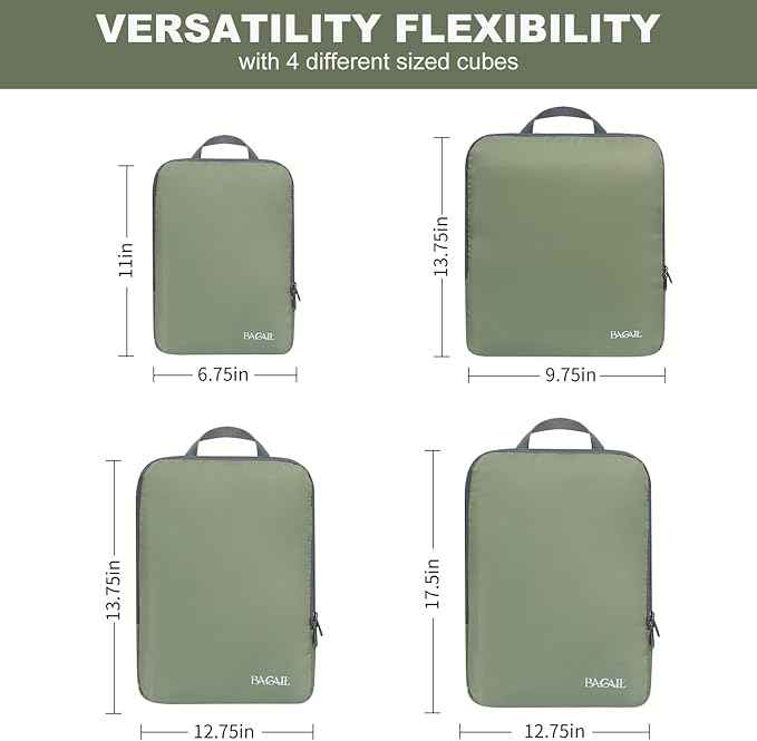 BAGAIL 4 Set/6 Set/8 Set Compression Packing Cubes Travel Accessories Expandable Packing Organizers (Cloth Pattern, 4-Matcha Green)