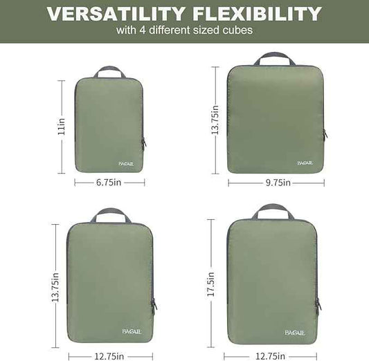 BAGAIL 4 Set/6 Set/8 Set Compression Packing Cubes Travel Accessories Expandable Packing Organizers (Cloth Pattern, 4-Matcha Green)