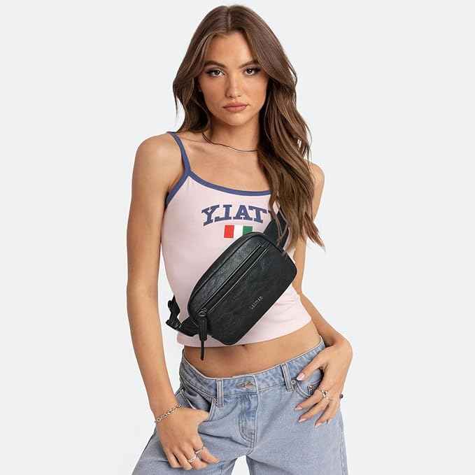 2L Fanny Packs Everywhere Belt Bag Small Fashion Crossbody Waist Pack Faux Leather Waterproof Sling Chest Bag For Women Trendy Black