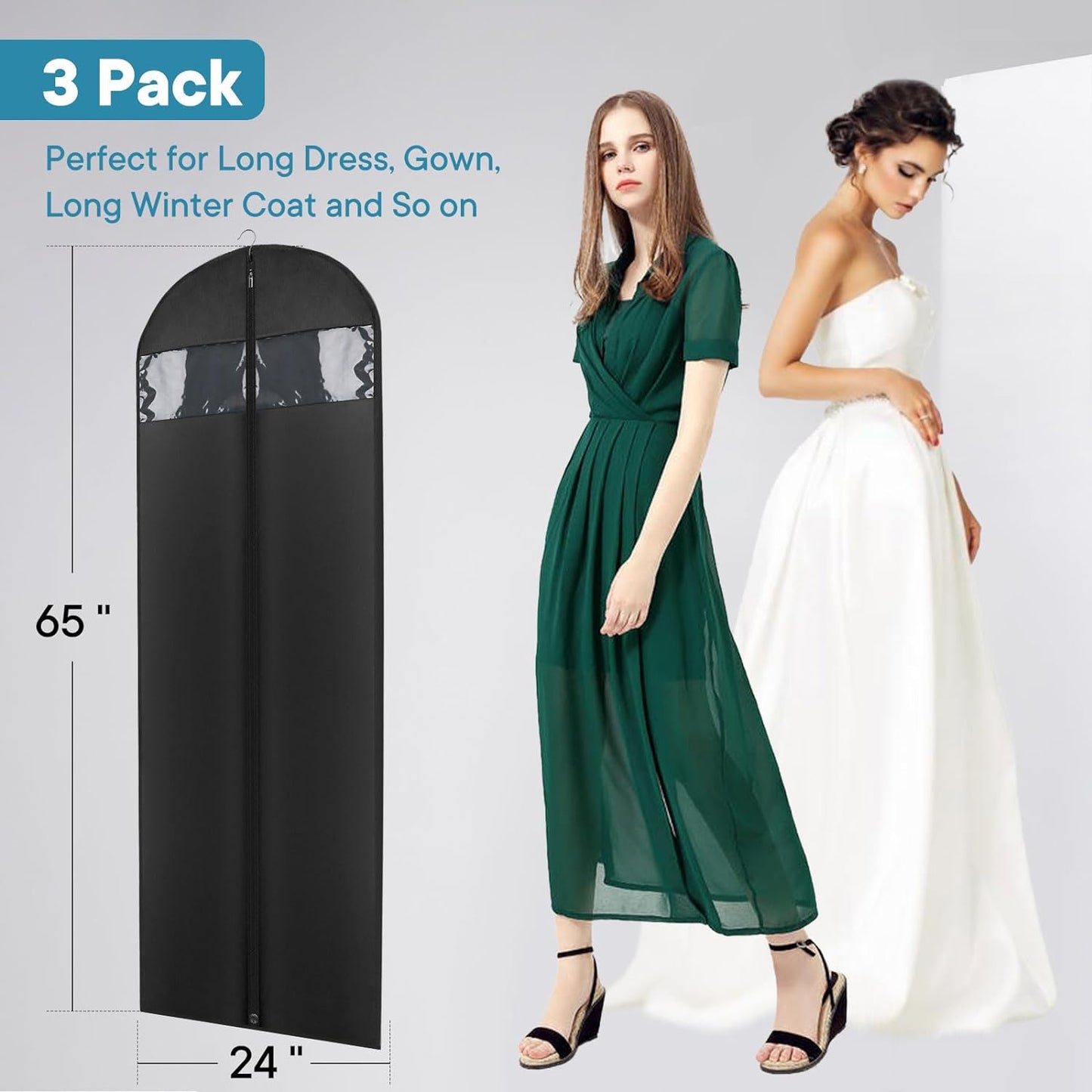 Dress Bags for Gowns, 65" Long Garment Bags for Hanging Clothes, 3-Pack Foldable Dress Cover with Clear Window for Women's Coats, Formal Gowns, and Evening Dresses