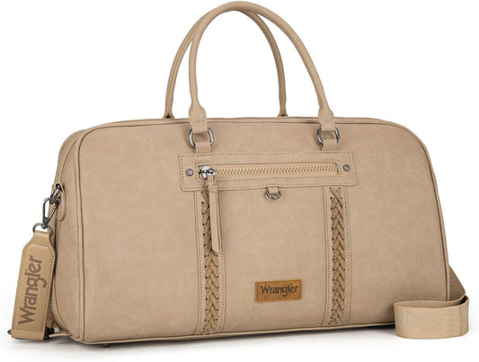 Wrangler Travel Duffel Bag Large Weekender Bag for Women Designer Carry on Overnight Bag for Trips Leather Luggage Bag Khaki - Roamly