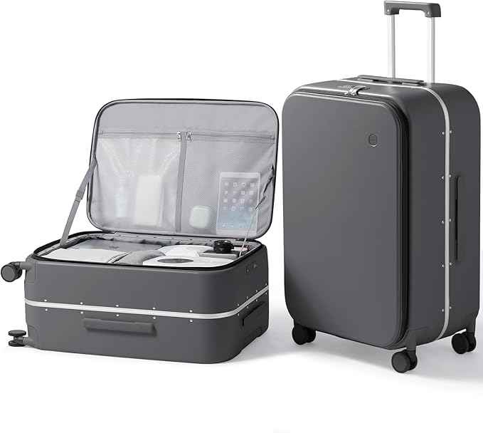 mixi 26 Inch Large Checked Luggage PC Hard Shell Suitcase Top Opening Aluminum Frame Travel Suitcases with Wheels, Rock Gray
