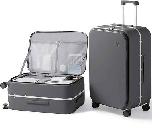 mixi 26 Inch Large Checked Luggage PC Hard Shell Suitcase Top Opening Aluminum Frame Travel Suitcases with Wheels, Rock Gray