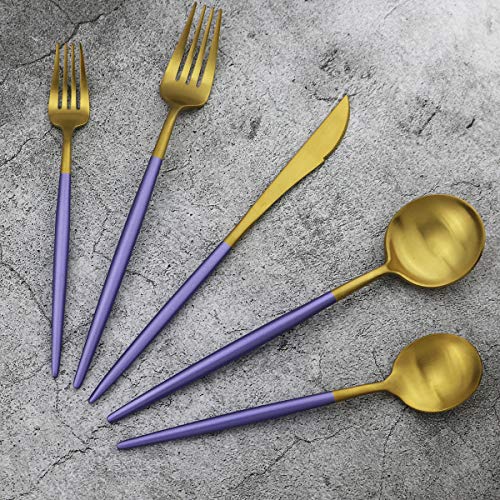 20-Piece 18/10 Stainless Steel Flatware Silverware, Luxury Dinnerware Set Travel Cutlery Tableware Include Knife Fork Spoon Service for 4, Dishwasher Safe (Purple Handle Matte Gold) (4 Count)