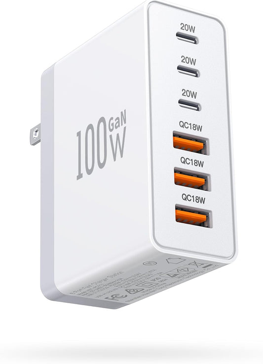 100W USB C Wall Charger,6-Port PD Fast USB C Charging Block,3 Type C+3Type A Multiport Plug,6 in 1 Charger Compatible with for iPhone 16/15/14/13/12/ProMax,iPad,AirPods4,Galaxy S25/S24,Watch,AirPorts - Roamly
