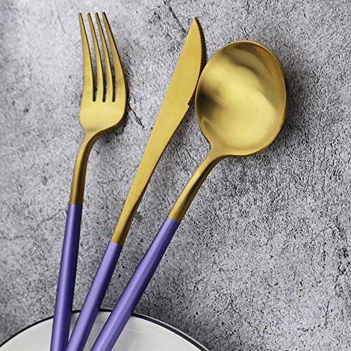 20-Piece 18/10 Stainless Steel Flatware Silverware, Luxury Dinnerware Set Travel Cutlery Tableware Include Knife Fork Spoon Service for 4, Dishwasher Safe (Purple Handle Matte Gold) (4 Count)