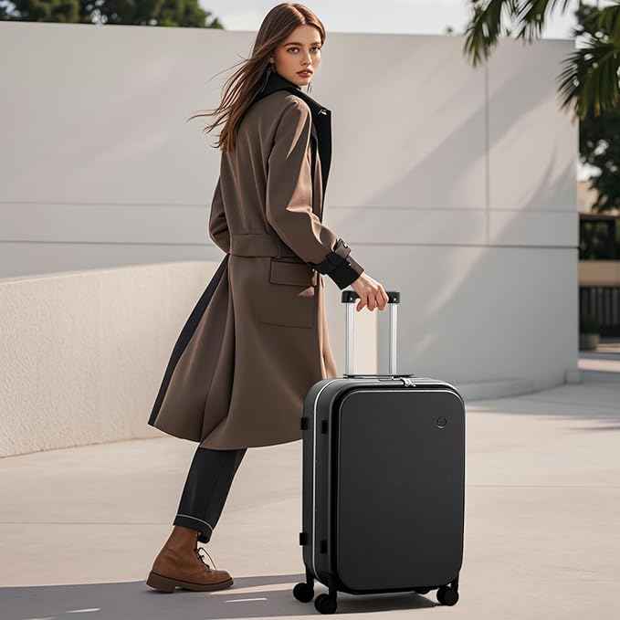 mixi 26 Inch Large Checked Luggage PC Hard Shell Suitcase Top Opening Aluminum Frame Travel Suitcases with Wheels, Black