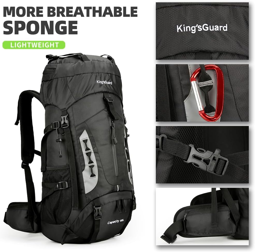 King'sGuard 60L Hiking Backpack Lightweight Camping Backpack with Rain Cover Large Waterproof Packable Outdoor Trekking Travel Backpack for Men Women (Black) - Roamly