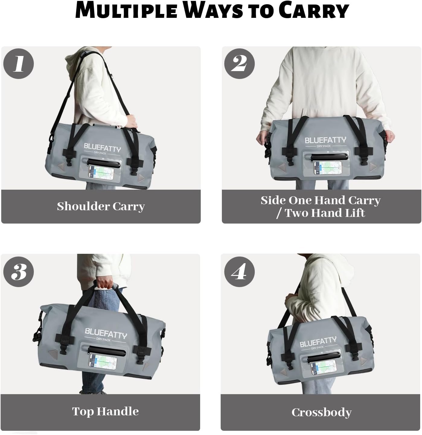 Waterproof Motorcycle Duffel Bag Roll Top Dry Duffel Bag with Quick-fixed Straps for Rafting, Boating, Kayaking, Travel, 50L(Grey) - Roamly