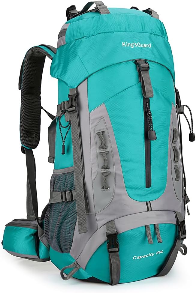 King'sGuard 60L Hiking Backpack Large Waterproof Camping Backpack for Men and Women Lightweight Frameless Backpacking Backpack with Rain Cover (Lake Blue) - Roamly