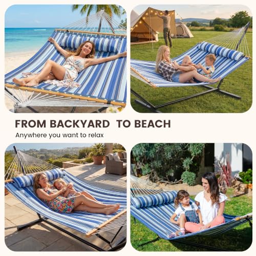 Double Hammock with Stand 500lbs Heavy Duty Outdoor Two Person Blue