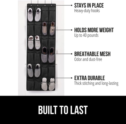 GORILLA GRIP Over the Door Shoe Organizer, 2 Pack, 24 Breathable Mesh Pockets, Space Saving Hanging Storage Holder, Closet Rack Hanger Holds Up to 40 lbs, Hangs on Closets, Shoes, Accessories, Black
