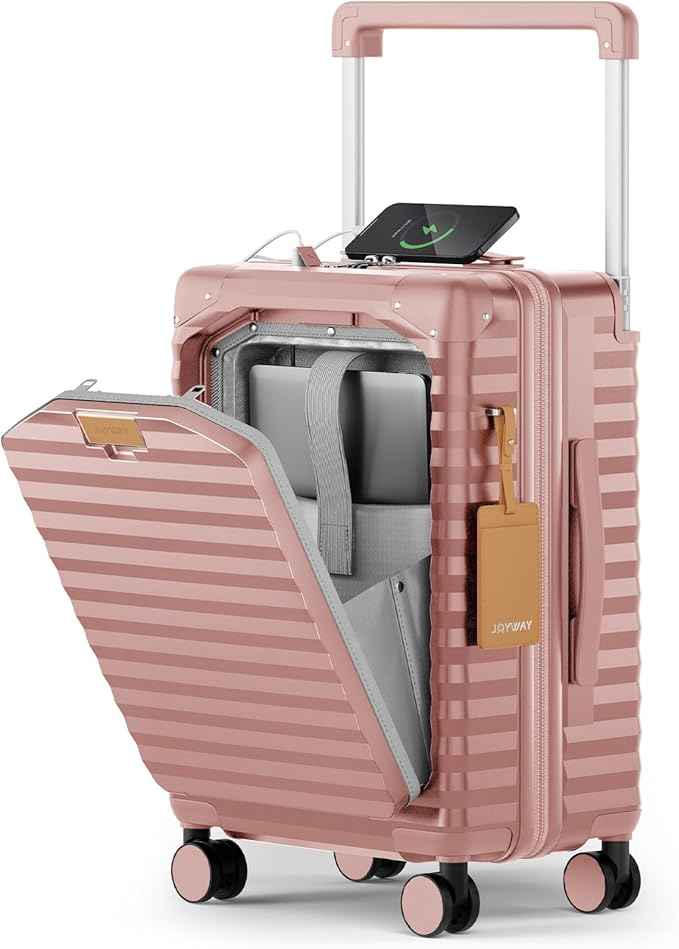 Joyway 20 Inch Carry on Luggage with Front Pocket, PC Hardshell Carry-on Suitcase with USB Port and Cup Holder, 21.5x14.2x9 Airline Approved, Luggage with Spinner Wheels and TSA Lock (Rosa Gold)