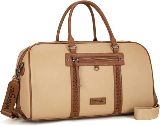 Wrangler Travel Duffel Bag Large Weekender Bag for Women Designer Carry on Overnight Bag for Trips Leather Luggage Bag Tan - Roamly
