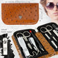 brand quality 8 piece manicure pedicure grooming kit set for professional nail care with synthetic leather case ostrich cognac