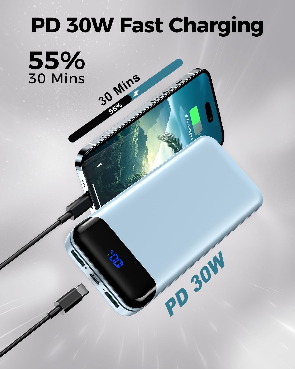 Portable Charger Power Bank 40000mAh Powerbank PD 30W and QC 4.0 Fast Charging External Battery Pack with USB-C LED 3 Outputs & 2 Inputs Portable Charging for iPhone 15 14 13 (Blue) - Roamly
