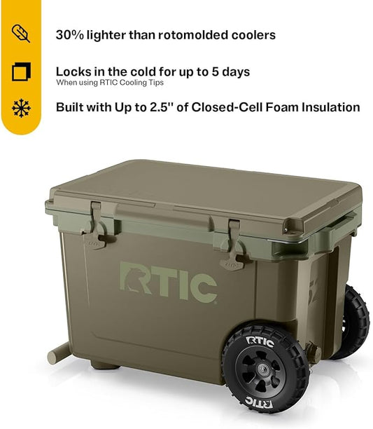 RTIC 52 Quart Ultra-Light Wheeled Hard Cooler Insulated Portable Ice Chest Box for Beach, Drink, Beverage, Camping, Picnic, Fishing, Boat, Barbecue, 30% Lighter Than Rotomolded Coolers