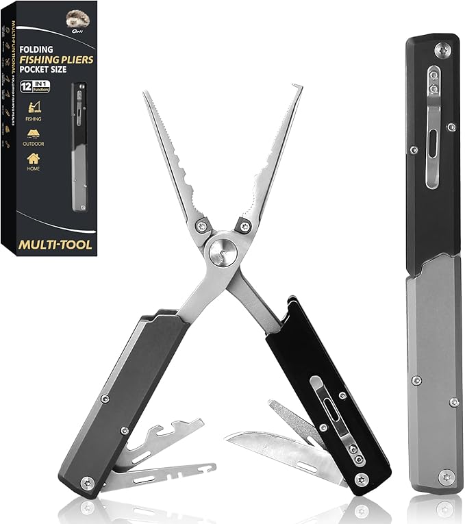 12-in-1 Saltwater Fishing Pliers & EDC Multitool, Titanium Coated Marine-Grade Stainless Steel Folding Pliers, Gifts for Men, Compact Pen-Sized Braid Cutter, Hook Remover & Split Ring fishing gear