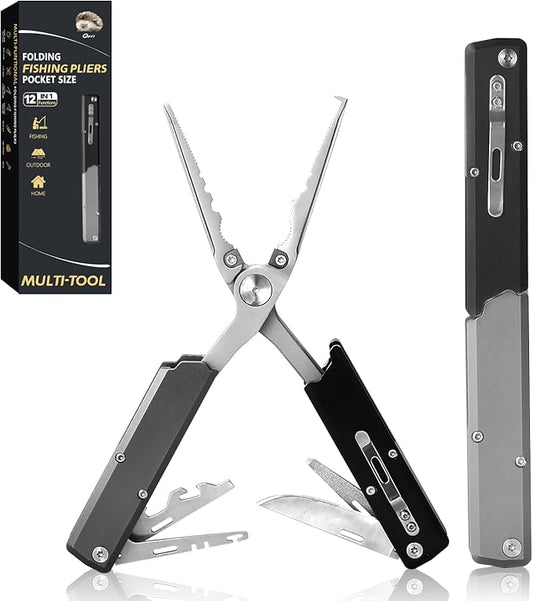 12-in-1 Saltwater Fishing Pliers & EDC Multitool, Titanium Coated Marine-Grade Stainless Steel Folding Pliers, Gifts for Men, Compact Pen-Sized Braid Cutter, Hook Remover & Split Ring fishing gear