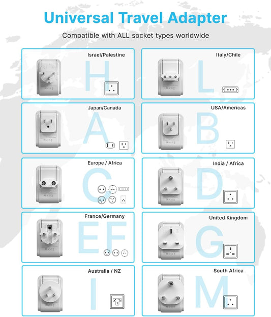 VINTAR Universal Travel Adapter Kit, International Power Adapter with 4AC and 3USB Ports(2 USB-C), Type A,B,C,D,E/F,G,H,I,L,M Swap Adapt Attachments, Travel Adapter Worldwide for Europe/Africa/India