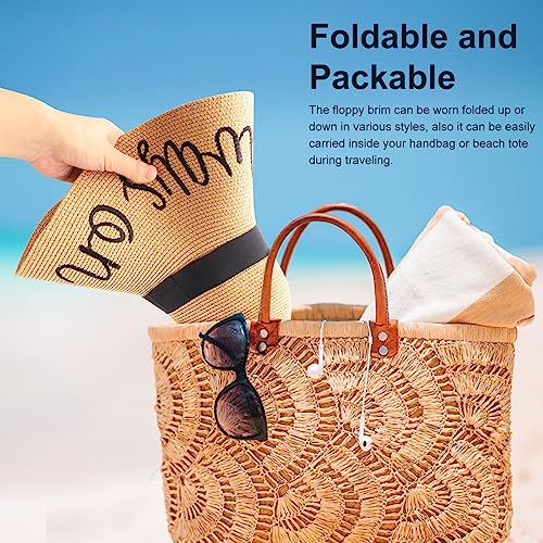 Big Straw Sun Hats for Women Floppy Foldable Roll up Beach Cap Sun Hat UPF 50+ Vacation Honeymoon Embroidered Hat